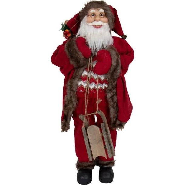 Stor julemand 90 cm med trækælk og gavesæk, rød/hvid/grå