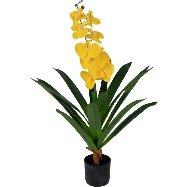 Kunstig orkidé 80 cm, gul blomst i sort potte