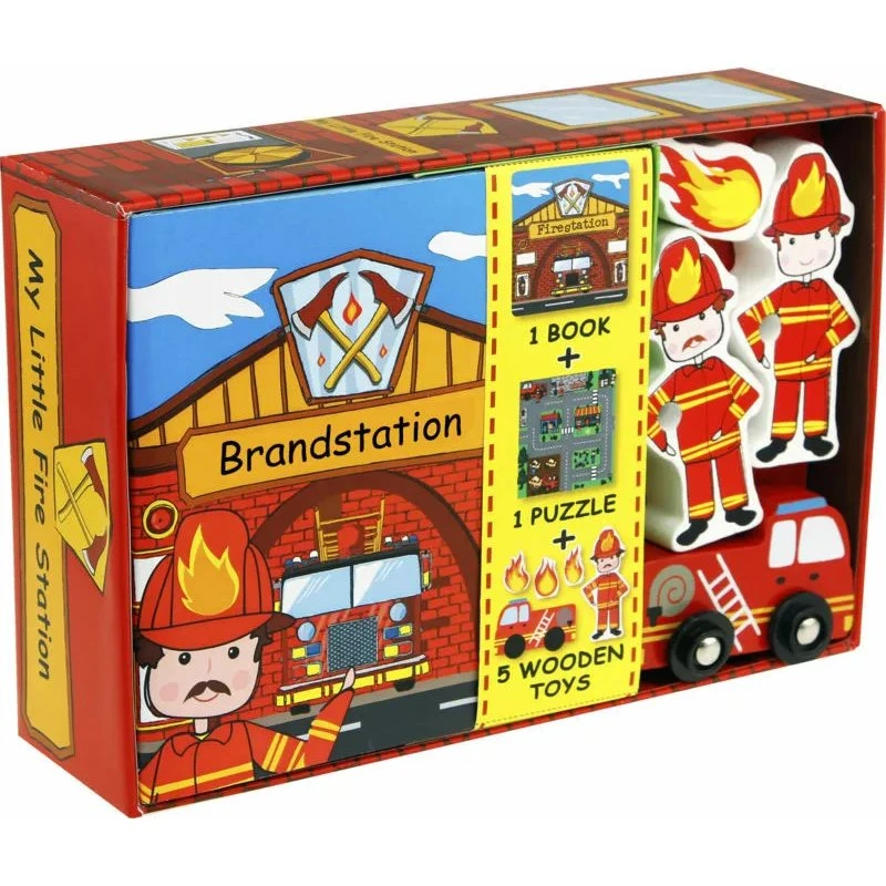 Min lille Brandstation - Aktivitetsæske (Bog, Puslespil, Træbiler)