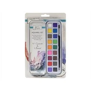 Akvarelsæt i metalæske — 18 farver + pensel