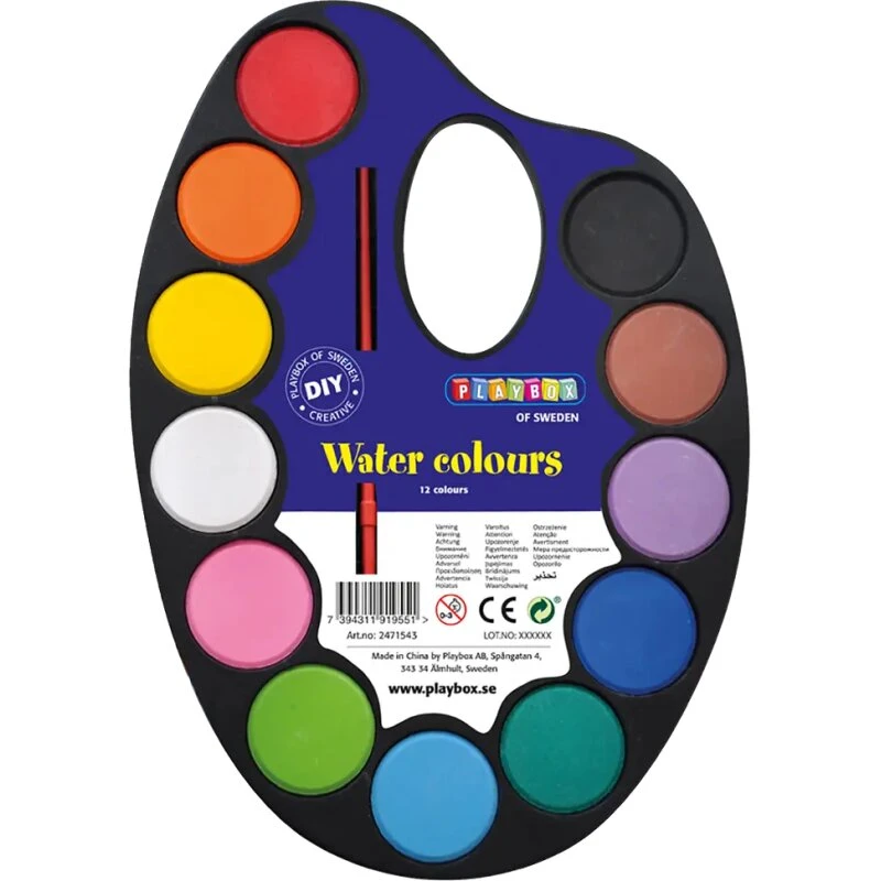 Playbox Palet med pensel & 12 vandfarver, 28 x 20 cm