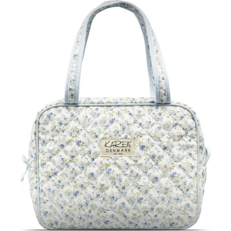 Karen stor toilettaske med hank - blå småblomstret quilt