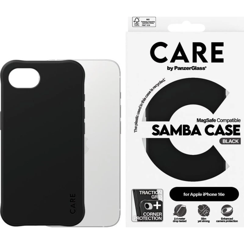 CARE by PanzerGlass Fashionable Case Samba til iPhone 16e – Sort, MagSafe
