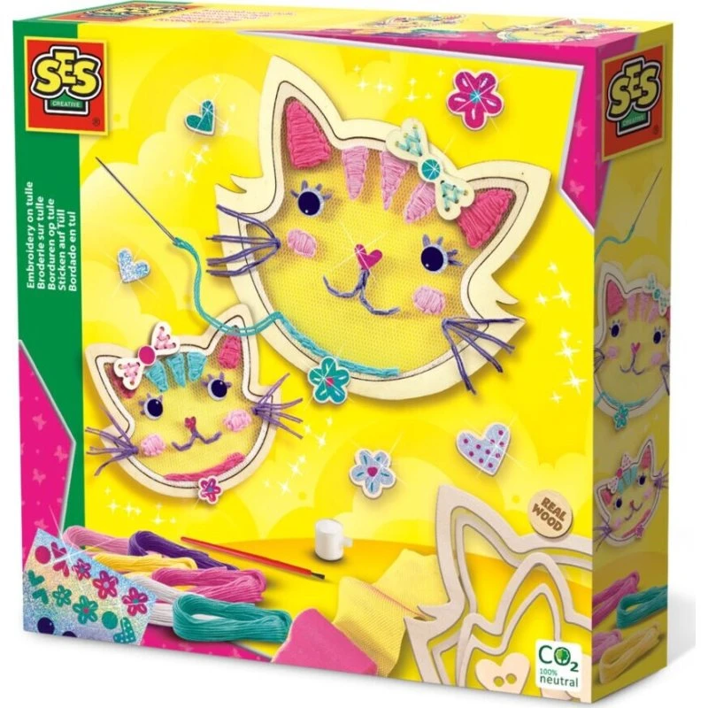 Ses Creative Broderi på tyl - Katte broderisæt til børn
