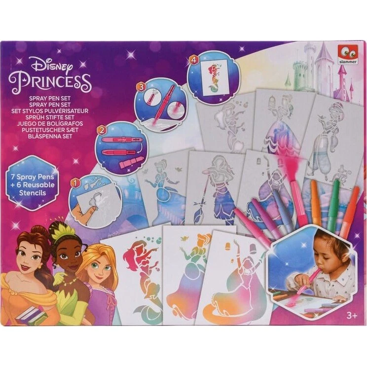 Canenco Disney Princess Spray Pen-sæt, 7 penne & 6 skabeloner