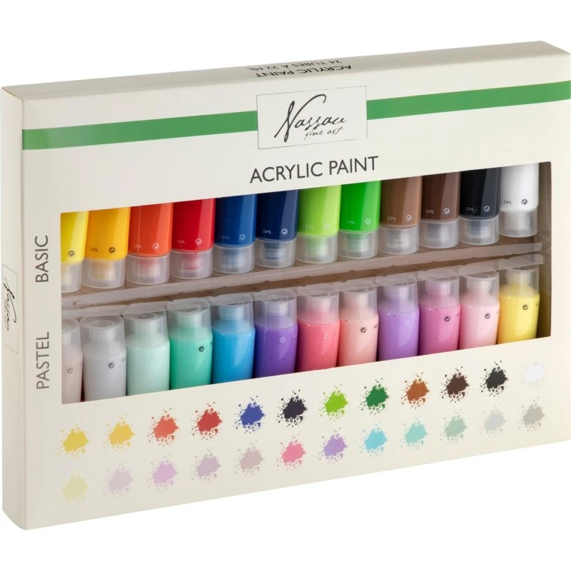 Nassau akrylmalingsæt 24 x 22 ml (pastel & basis)