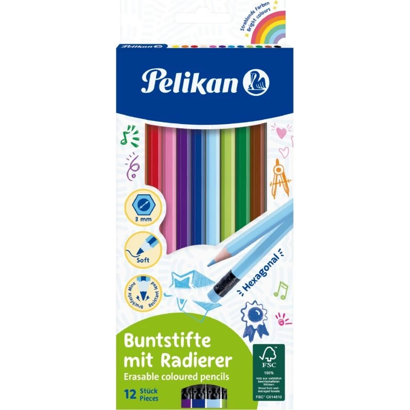 Pelikan Farveblyanter med viskelæder, 12 stk.