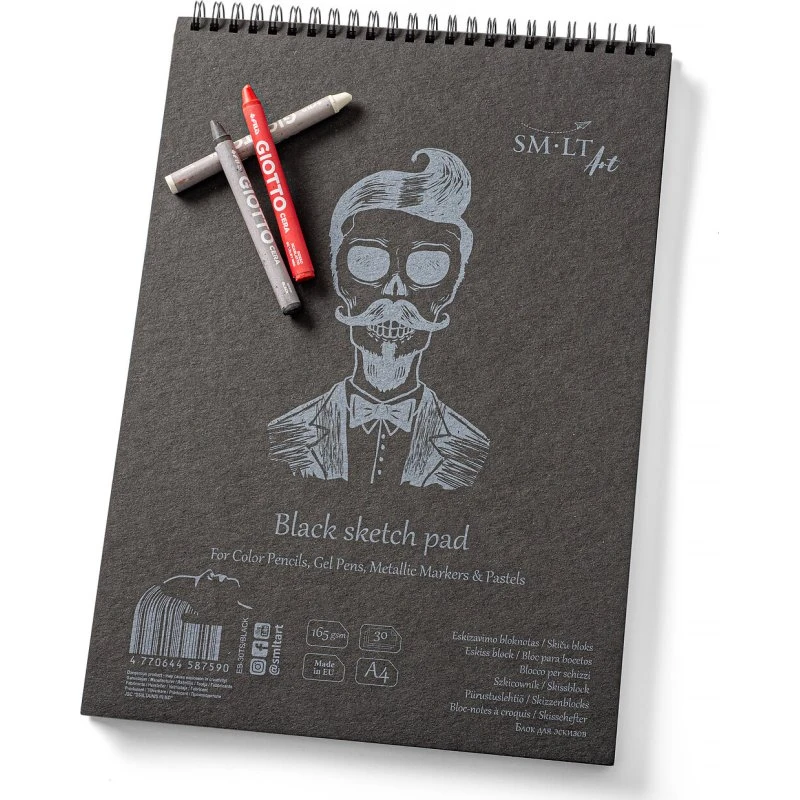 SMLT Tegneblok A4 165 g – Sort papir, 30 ark, topspiral