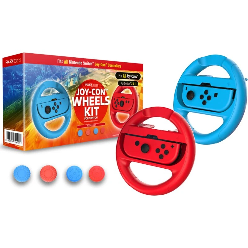 Maxx Tech Joy‑Con Wheels & Grip Kit – Nintendo Switch 2/1 (Rød/Blå)