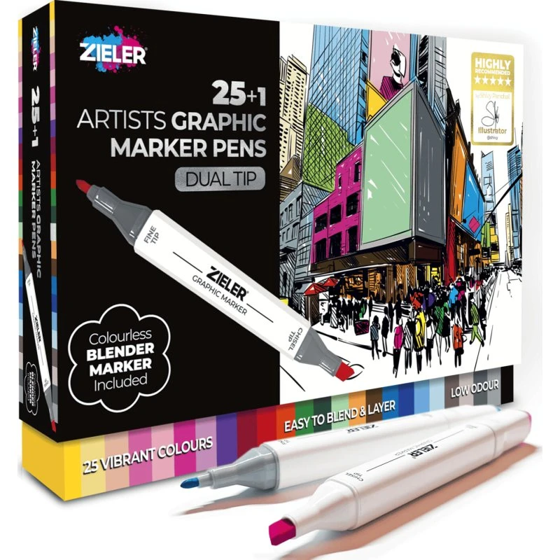 Zieler Twin Marker (dual tip) – 25 farver med blender