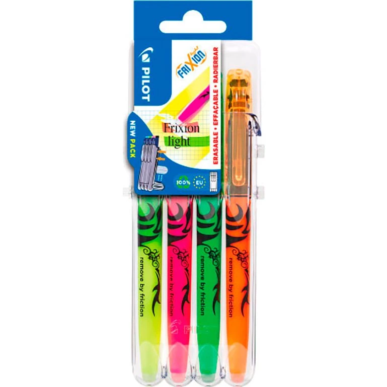 Pilot Frixion Light udviskelige overstregere 4 stk - gul/pink/grøn/orange