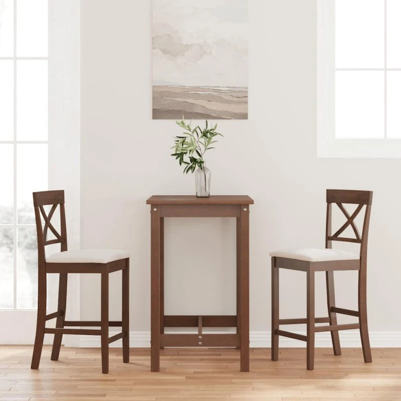 vidaXL barstole 2 stk med hynder i massivt gummitræ, brun