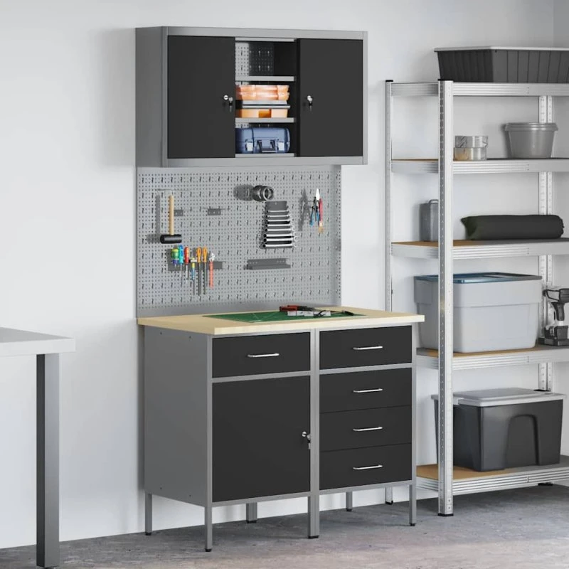 vidaXL Arbejdsbænk- og skabsæt 5 dele, sort 100x55x200 cm