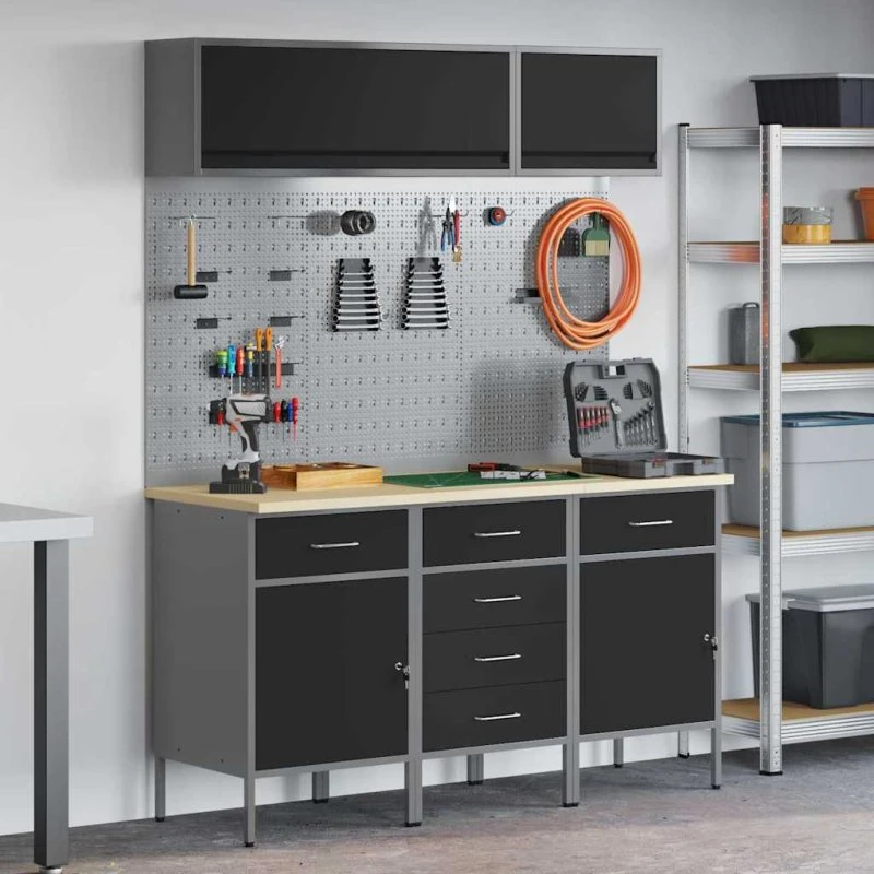 vidaXL Arbejdsbænksskab sæt 8 dele, sort 150x55x200 cm