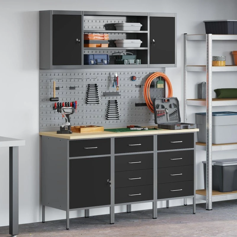 Arbejdsbænk med 7 skuffer, sort 150×55×200 cm, stål