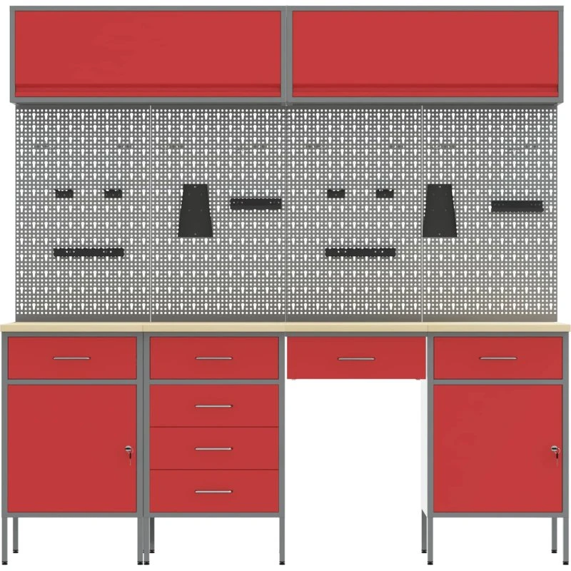 vidaXL Arbejdsskab med skuffe og lås, rød, stål/ingeniørtræ