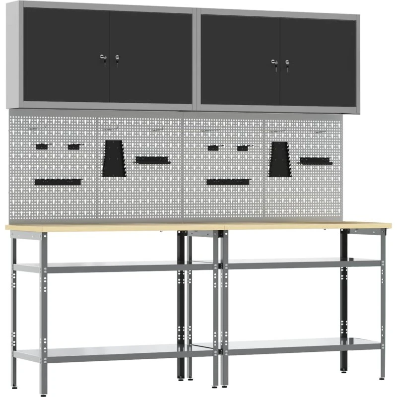 vidaXL Arbejdsbænk sæt 8 dele, sort/grå, pulverlakeret stål