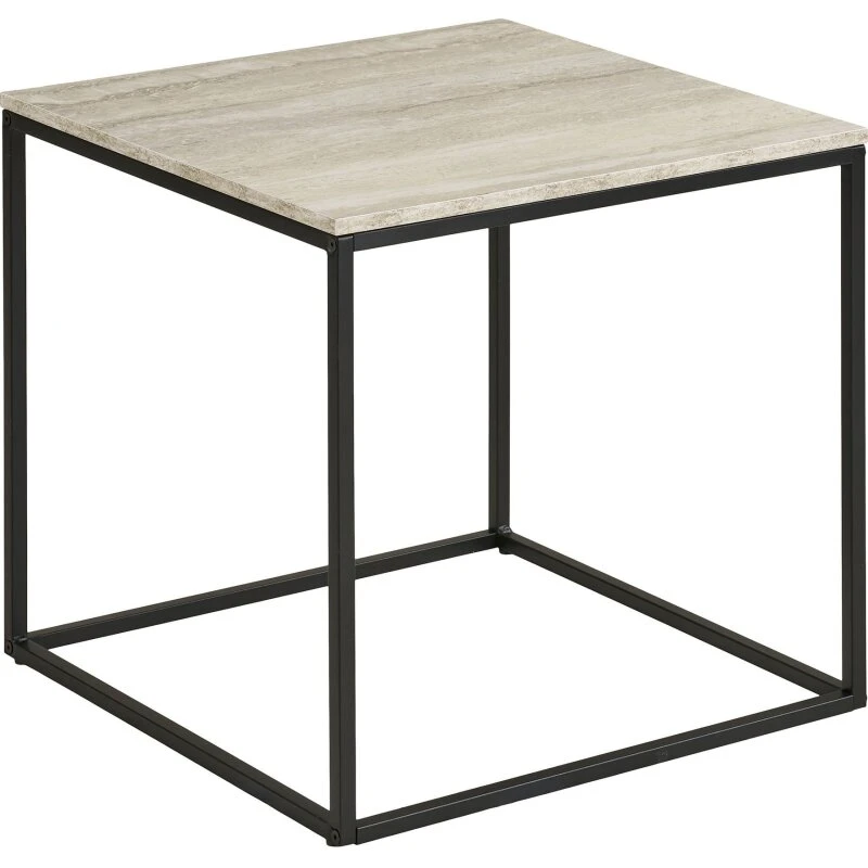 Vita hjørnebord, travertin-look med sort stel 45×45×45 cm