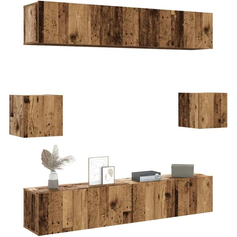 vidaXL 6-delt væghængt TV-skabssæt, gammelt træ/egetræsfarve