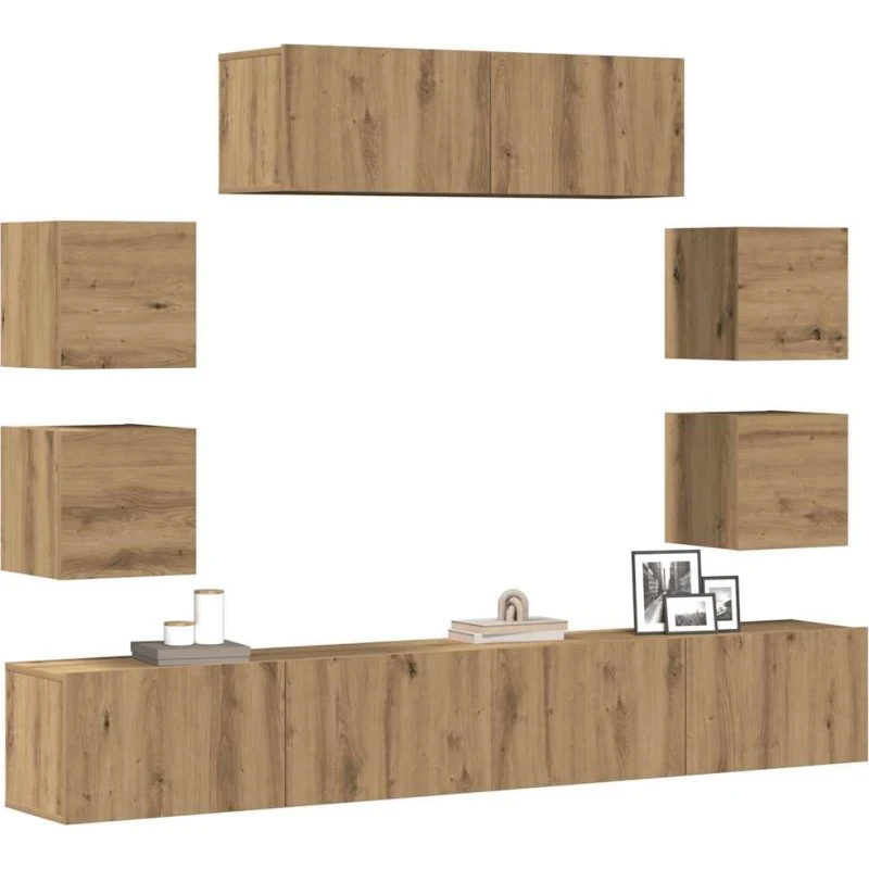 vidaXL 7-delt vægmonteret TV-skabssæt i håndværks-eg