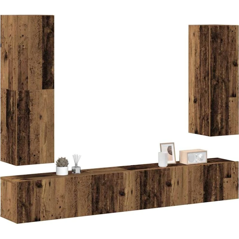 vidaXL 4-delt vægmonteret TV-skabssæt, gammelt træ (konstrueret træ)