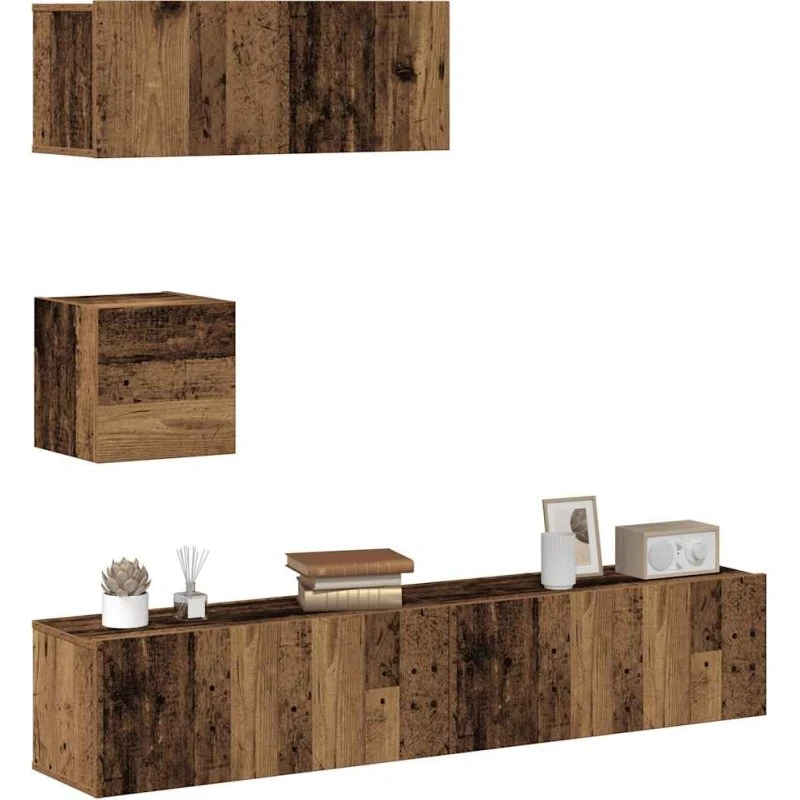 vidaXL 4-delt vægmonteret TV-skabssæt, gammelt træ/eg