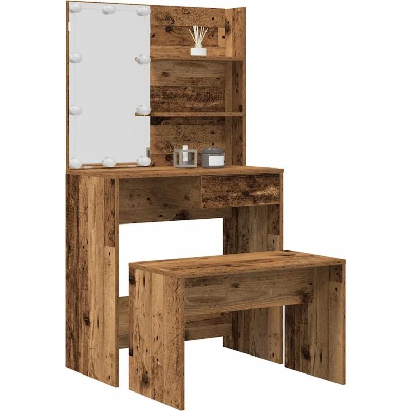 vidaXL Frisørbordssæt med LED, gammelt træ (træimprægneret)