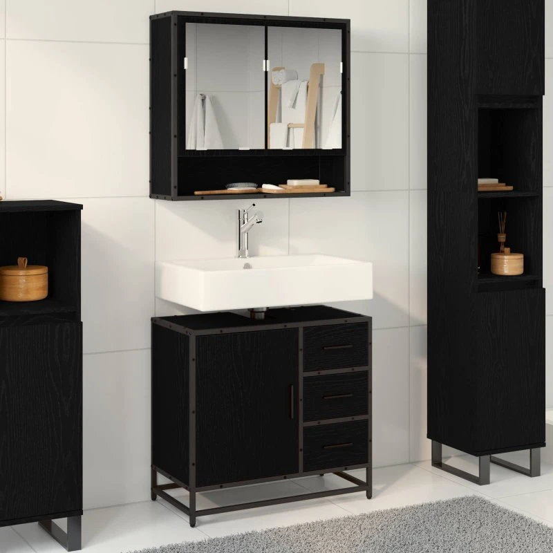 vidaXL Badeværelsesskab Sort eg 65 x 33 x 60 cm - Konstrueret træ