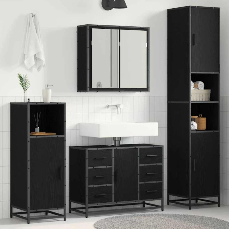 vidaXL Badeværelsesmøbel sæt 4 stk Sort eg 80 x 33 x 60 cm