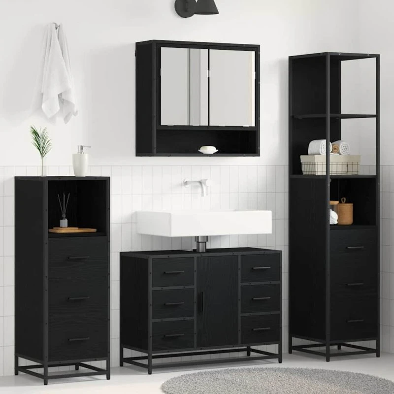 vidaXL Badeværelsesmøbelsæt 4 stk Sort eg 80x33x60 cm