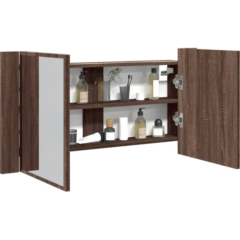 vidaXL badeværelsesskab m. spejl & RGB-LED 90x12x45 cm, akryl brun eg