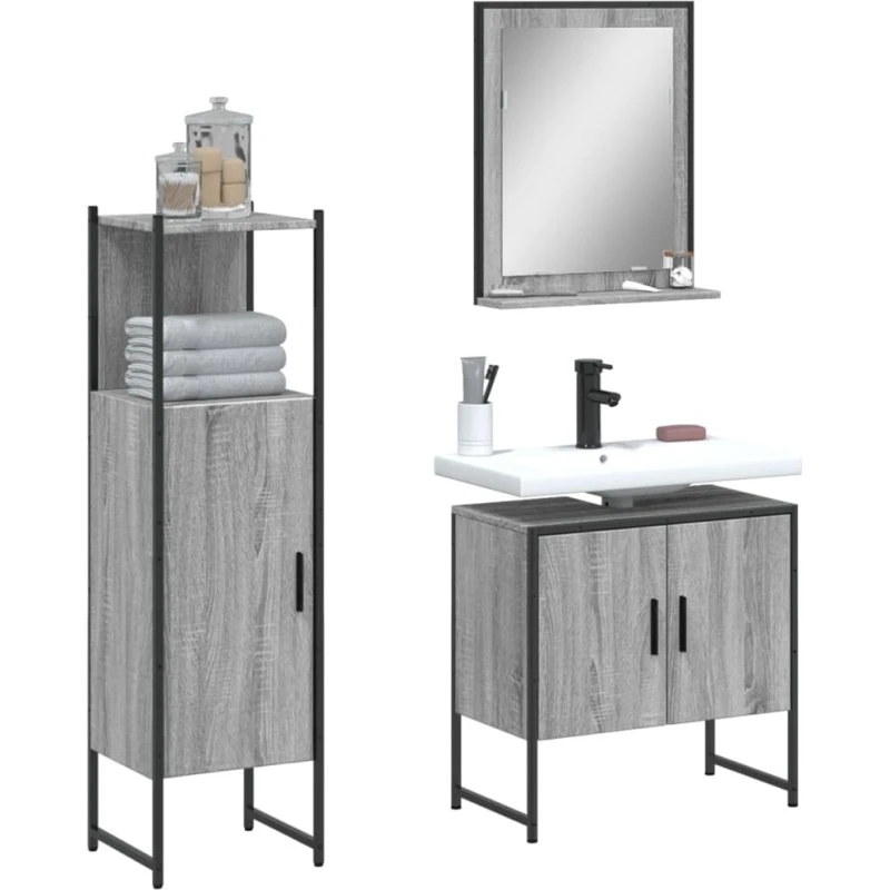 vidaXL badeværelsessæt 3 dele - grå Sonoma-eg