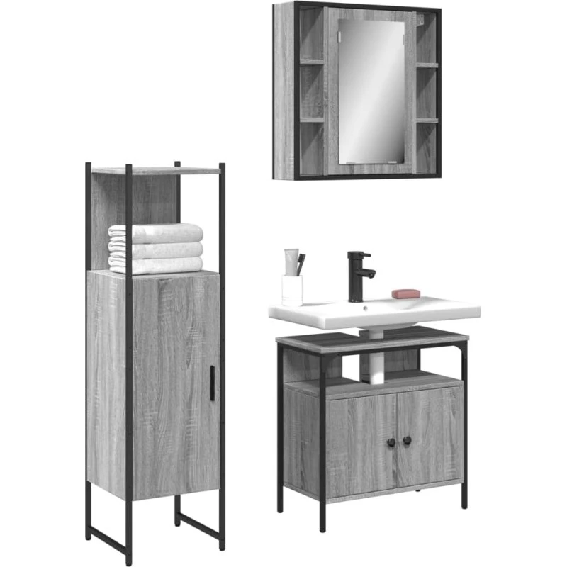 vidaXL Badeværelsessæt 3 dele – Konstrueret træ, Grå Sonoma-eg