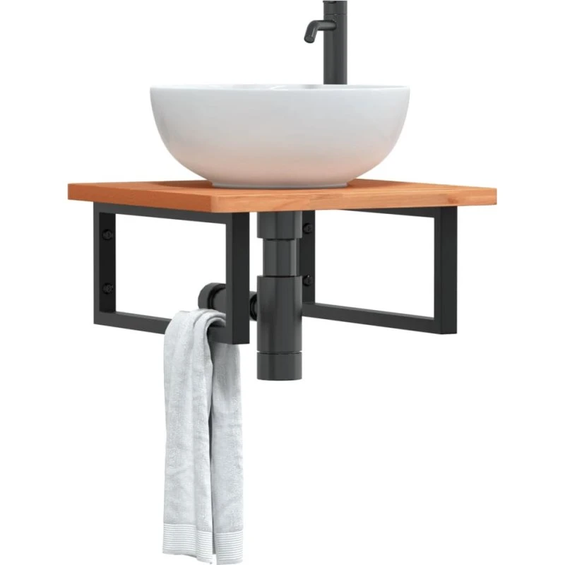 vidaXL væghængt badeværelseshylde i stål og massivt bøgetræ