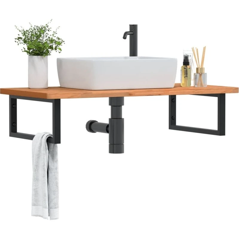 vidaXL væghængt badeværelseshylde i stål og massivt bøgetræ
