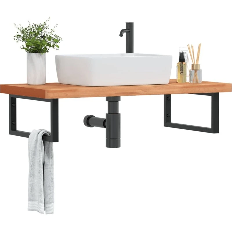vidaXL væghængt badeværelseshylde i stål og massivt bøgetræ
