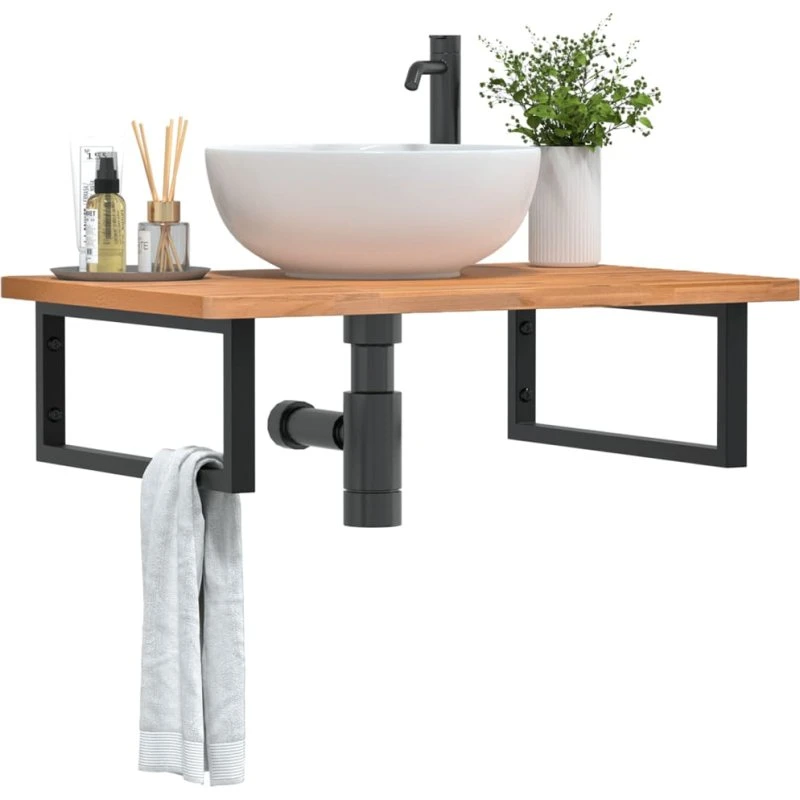 vidaXL væghængt badeværelseshylde i stål og bøgetræ