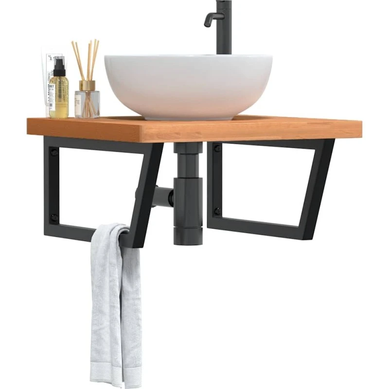 vidaXL væghængt hylde i stål med top i massivt bøgetræ