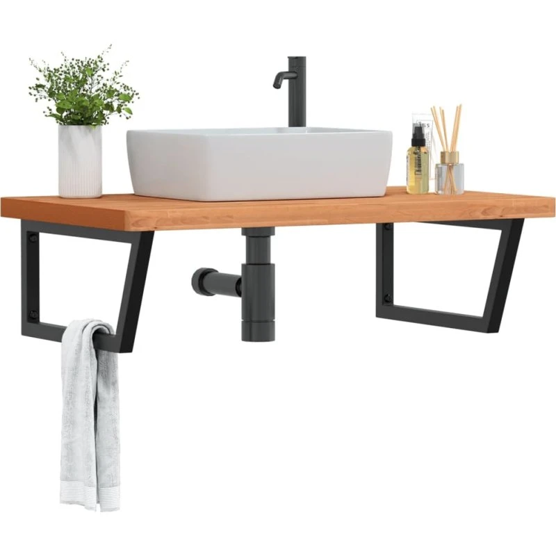 vidaXL væghængt hylde i stål med top i massivt bøgetræ