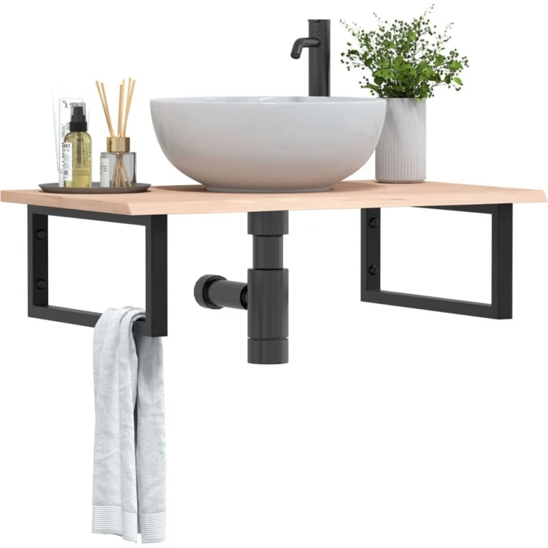 vidaXL væghængt badeværelseshylde, stål & massivt egetræ