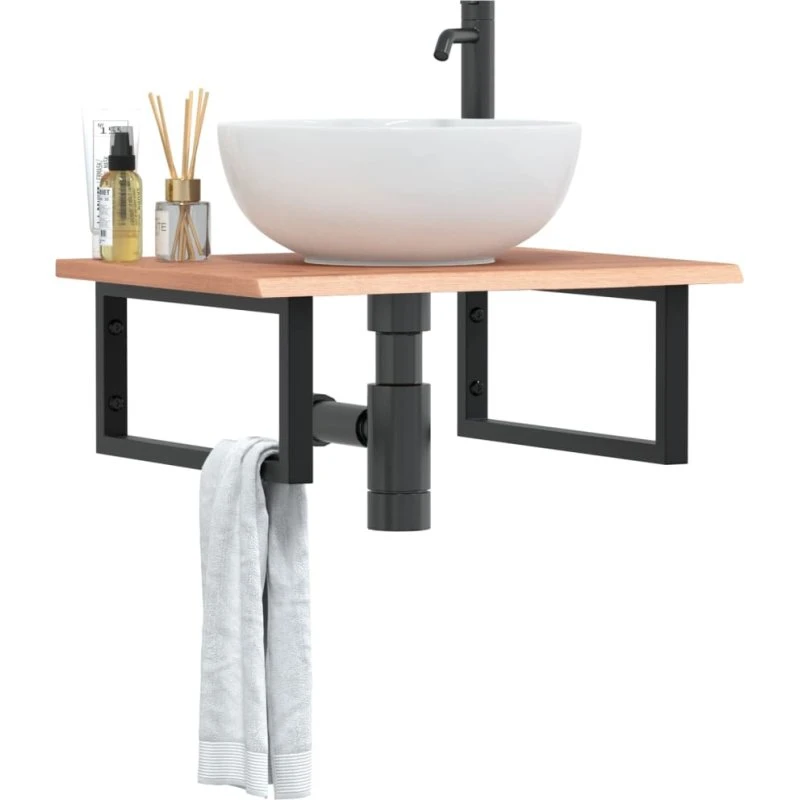 vidaXL væghængt badeværelseshylde i stål og massivt egetræ