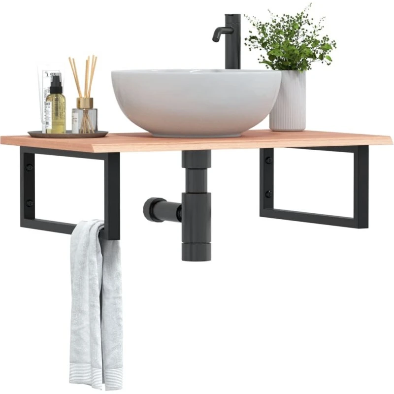 vidaXL væghængt badeværelseshylde i stål med top i massivt egetræ