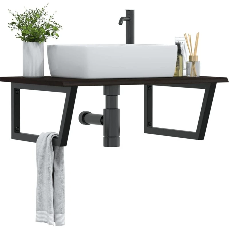 vidaXL badeværelseshylde i massivt egetræ 80×60 cm, sort stål