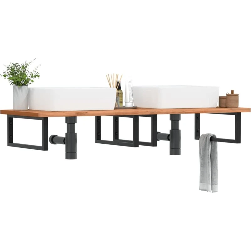 vidaXL væghængt badeværelseshylde i stål og massivt bøgetræ