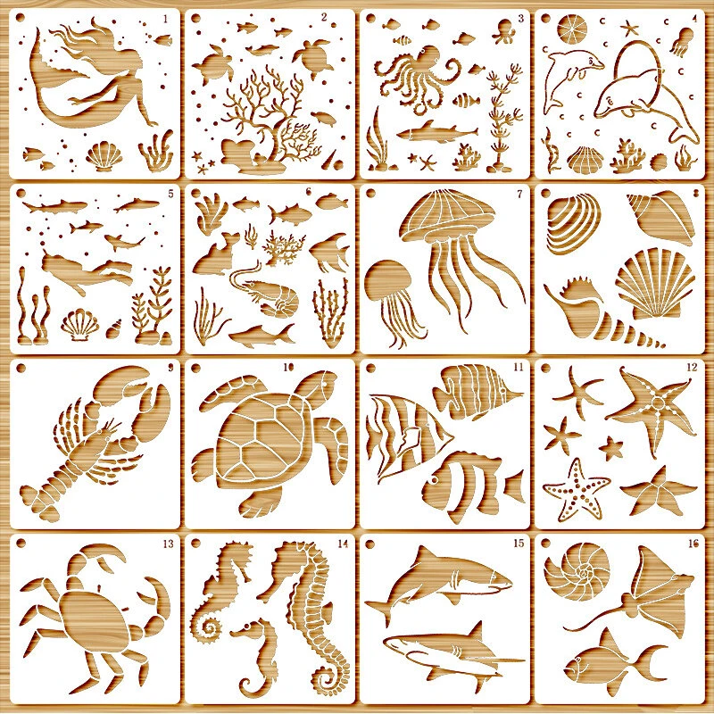 INF PET Maleri-skabeloner 16 stk – Marine liv 15x15 cm, hvid