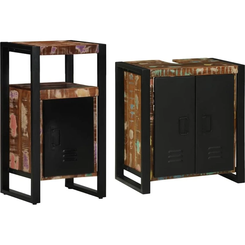 vidaXL Badeværelsessæt 2 dele, mønstret/sort i massivt genbrugstræ