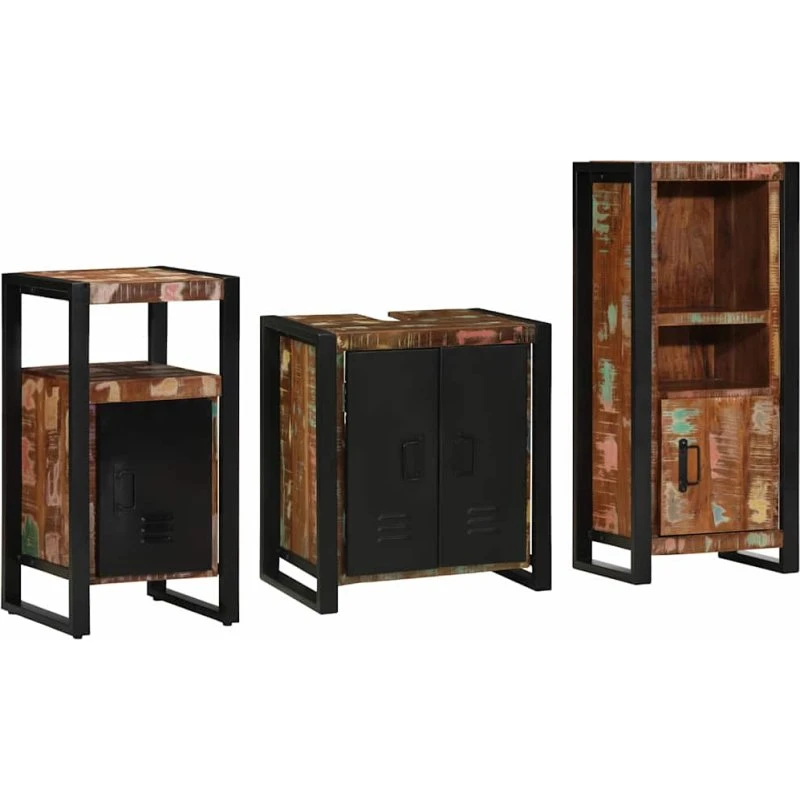 vidaXL Badeværelsessæt 3 dele, mønstret/sort genbrugstræ