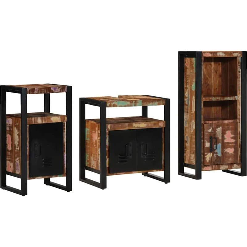 vidaXL Badeværelsesmøbelsæt 3 dele mønstret/sort i genbrugstræ