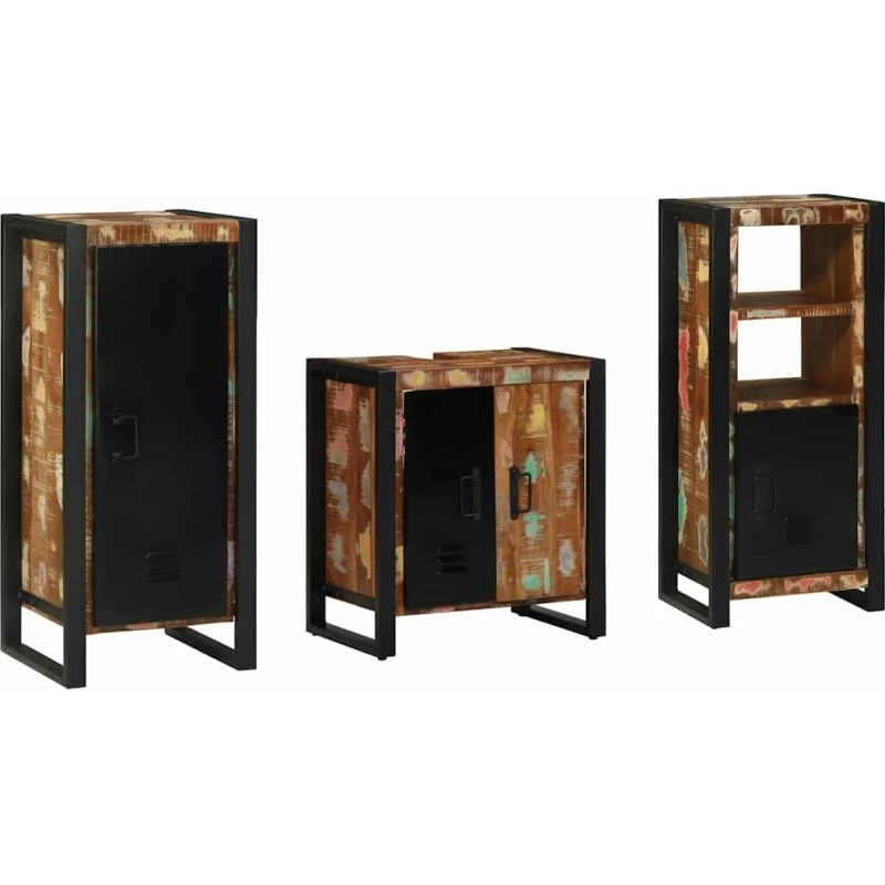 vidaXL Badeværelsessæt 3 dele – mønstret/sort massiv genbrugt træ