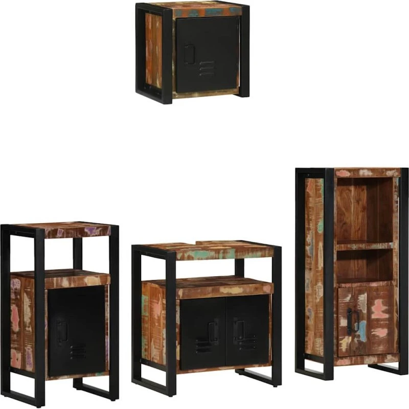 vidaXL Badeværelsesmøbelsæt 4 dele Flerfarvet/Sort, massivt genbrugstræ